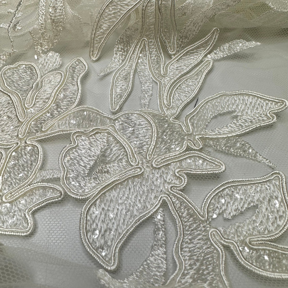 Bohemian Grove - Embroidered With Sequins Tulle Poly Knit - Cream Floral - 1M 3 Pack - True Deadstock fabric Fabric by private - Sustainable Textile | FABCYCLE