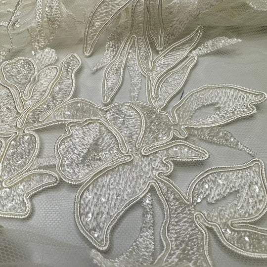 Bohemian Grove - Embroidered With Sequins Tulle Poly Knit - Cream Floral - 1M 3 Pack - True Deadstock fabric Fabric by private - Sustainable Textile | FABCYCLE