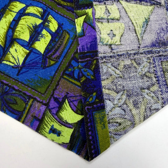 Booking A Cruise - Canvas Cotton Woven - Dark Blue/Green Sailboat Art - 1.25M Bundle - True Deadstock fabric Fabric by private - Sustainable Textile | FABCYCLE