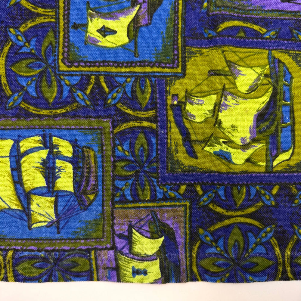 Booking A Cruise - Canvas Cotton Woven - Dark Blue/Green Sailboat Art - 1.25M Bundle - True Deadstock fabric Fabric by private - Sustainable Textile | FABCYCLE