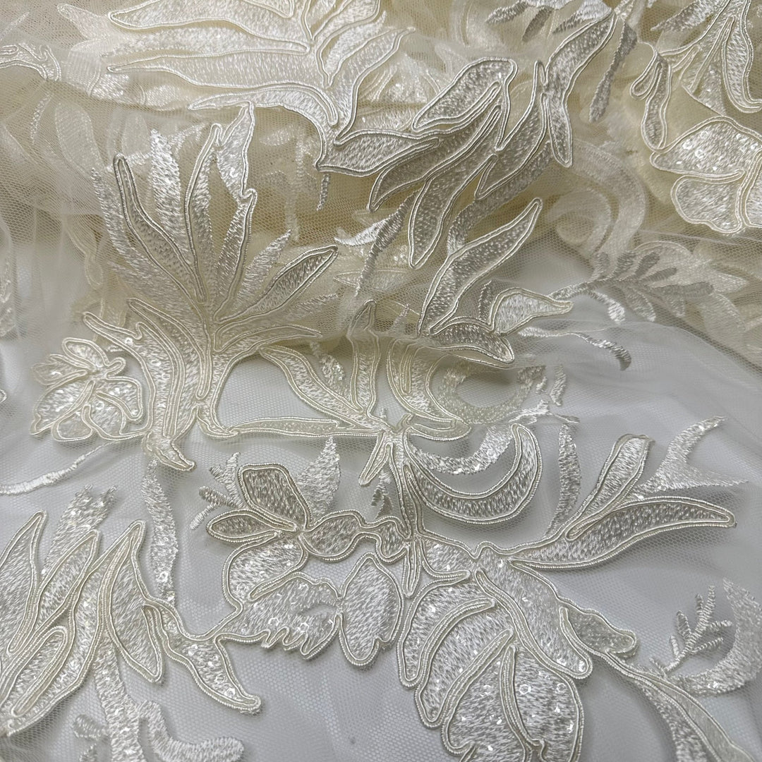 Bring The Drama - Embroidered With Sequins Mesh Poly Knit - Cream Floral - 1.5M Bundle - True Deadstock fabric Fabric by private - Sustainable Textile | FABCYCLE