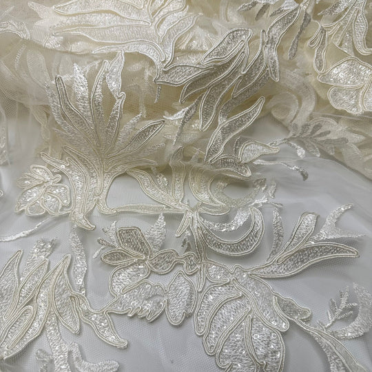 Bring The Drama - Embroidered With Sequins Mesh Poly Knit - Cream Floral - 1.5M Bundle - True Deadstock fabric Fabric by private - Sustainable Textile | FABCYCLE