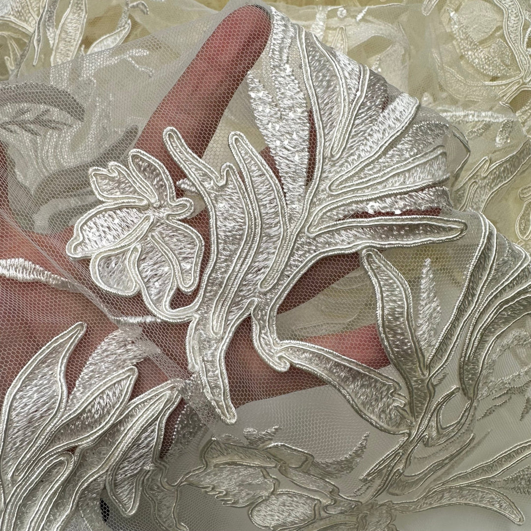 Bring The Drama - Embroidered With Sequins Mesh Poly Knit - Cream Floral - 1.5M Bundle - True Deadstock fabric Fabric by private - Sustainable Textile | FABCYCLE