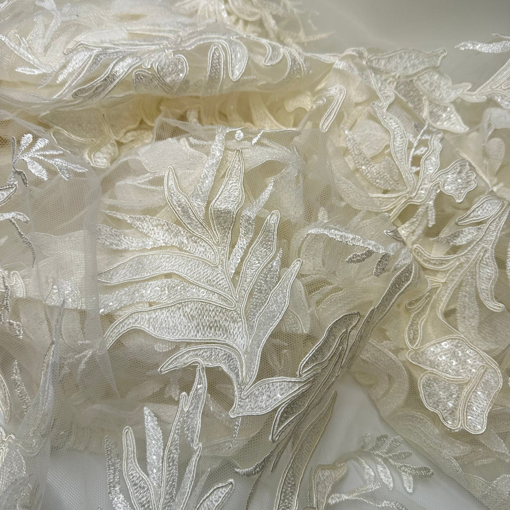 Bring The Drama - Embroidered With Sequins Mesh Poly Knit - Cream Floral - 1.5M Bundle - True Deadstock fabric Fabric by private - Sustainable Textile | FABCYCLE