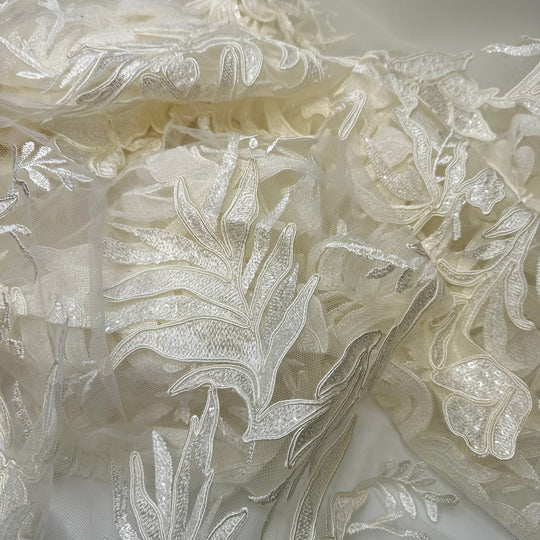 Bring The Drama - Embroidered With Sequins Mesh Poly Knit - Cream Floral - 1.5M Bundle - True Deadstock fabric Fabric by private - Sustainable Textile | FABCYCLE