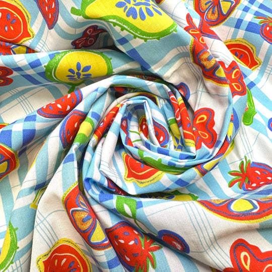 Bubbles - Vintage Cotton/Poly Woven - Light Blue Multi Plaid Fruit - 4.9M Bundle - True Deadstock fabric Fabric by private - Sustainable Textile | FABCYCLE