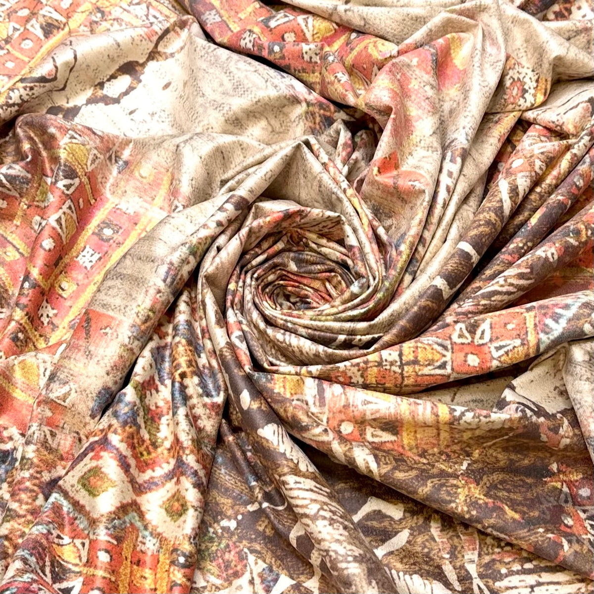 Burning Man Attire - Brushed Ultra Suede Polyester Blend Knit - Beige Multi Geometric - Bundles - True Deadstock fabric Fabric by private - Sustainable Textile | FABCYCLE