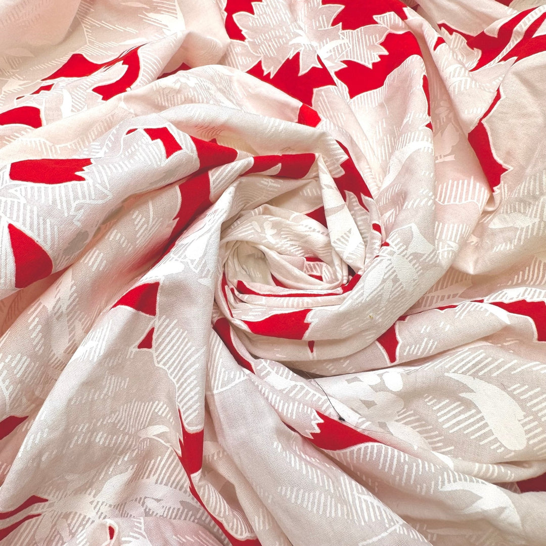 Canadian Getaway Vibes - Screen Printed Cotton Blend Woven - White/Red Floral - 2.2M Bundle - True Deadstock fabric Fabric by private - Sustainable Textile | FABCYCLE