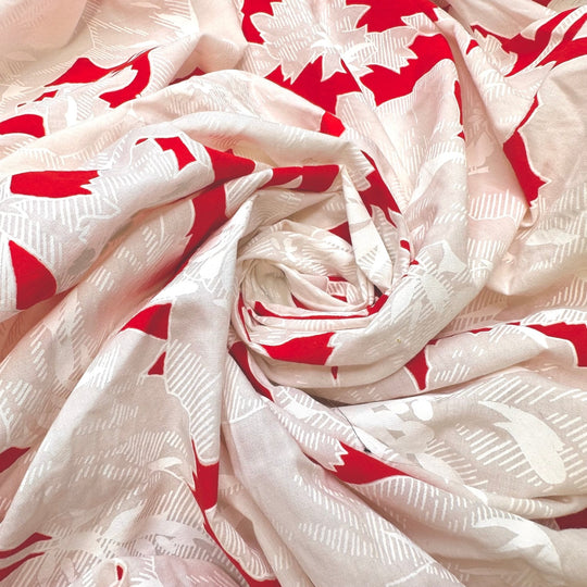 Canadian Getaway Vibes - Screen Printed Cotton Blend Woven - White/Red Floral - 2.2M Bundle - True Deadstock fabric Fabric by private - Sustainable Textile | FABCYCLE