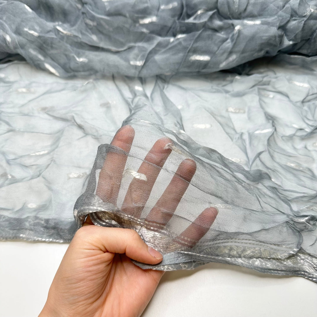 Change In The Wind - Jacquard Chiffon Cotton Blend Woven - Silver/Grey Floral Border - 2.8M Bundle - True Deadstock fabric Fabric by private - Sustainable Textile | FABCYCLE