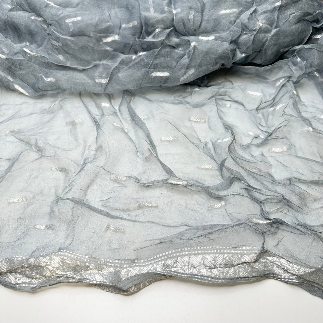 Change In The Wind - Jacquard Chiffon Cotton Blend Woven - Silver/Grey Floral Border - 2.8M Bundle - True Deadstock fabric Fabric by private - Sustainable Textile | FABCYCLE