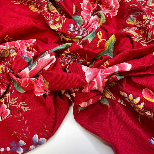 Chinese Garden Squawks - Twill Weave Cotton Woven - Red Multi Floral Peacocks - 1.95M Bundle - True Deadstock fabric Fabric by private - Sustainable Textile | FABCYCLE