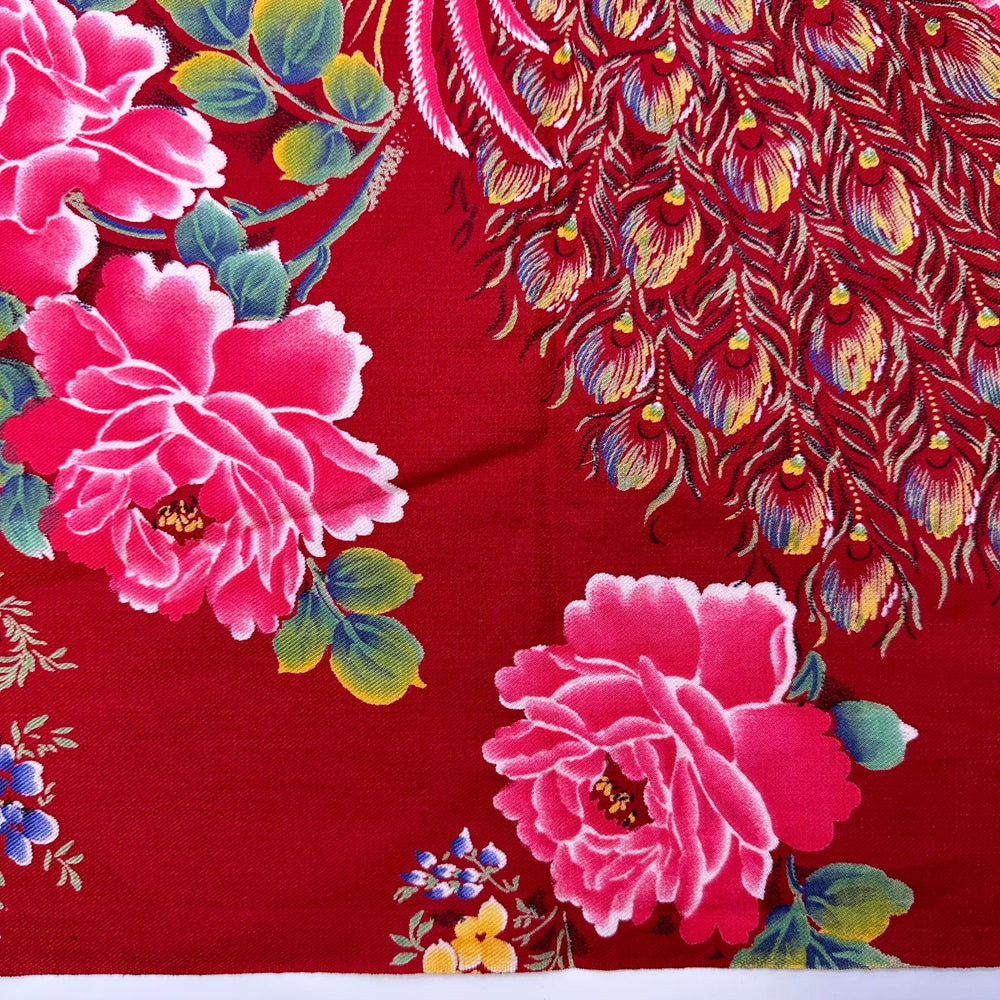 Chinese Garden Squawks - Twill Weave Cotton Woven - Red Multi Floral Peacocks - 1.95M Bundle - True Deadstock fabric Fabric by private - Sustainable Textile | FABCYCLE