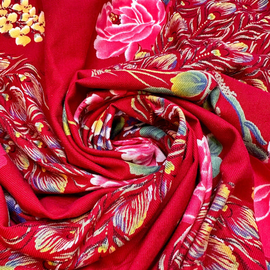 Chinese Garden Squawks - Twill Weave Cotton Woven - Red Multi Floral Peacocks - 1.95M Bundle - True Deadstock fabric Fabric by private - Sustainable Textile | FABCYCLE