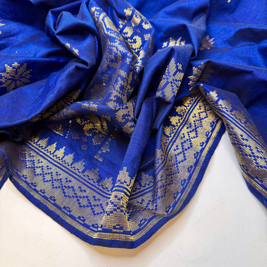Cobalt - Metallic Polyester Blend Woven - Dark Blue/Gold Snowflake Woven Border - 1.75M Bundle - True Deadstock fabric Fabric by private - Sustainable Textile | FABCYCLE