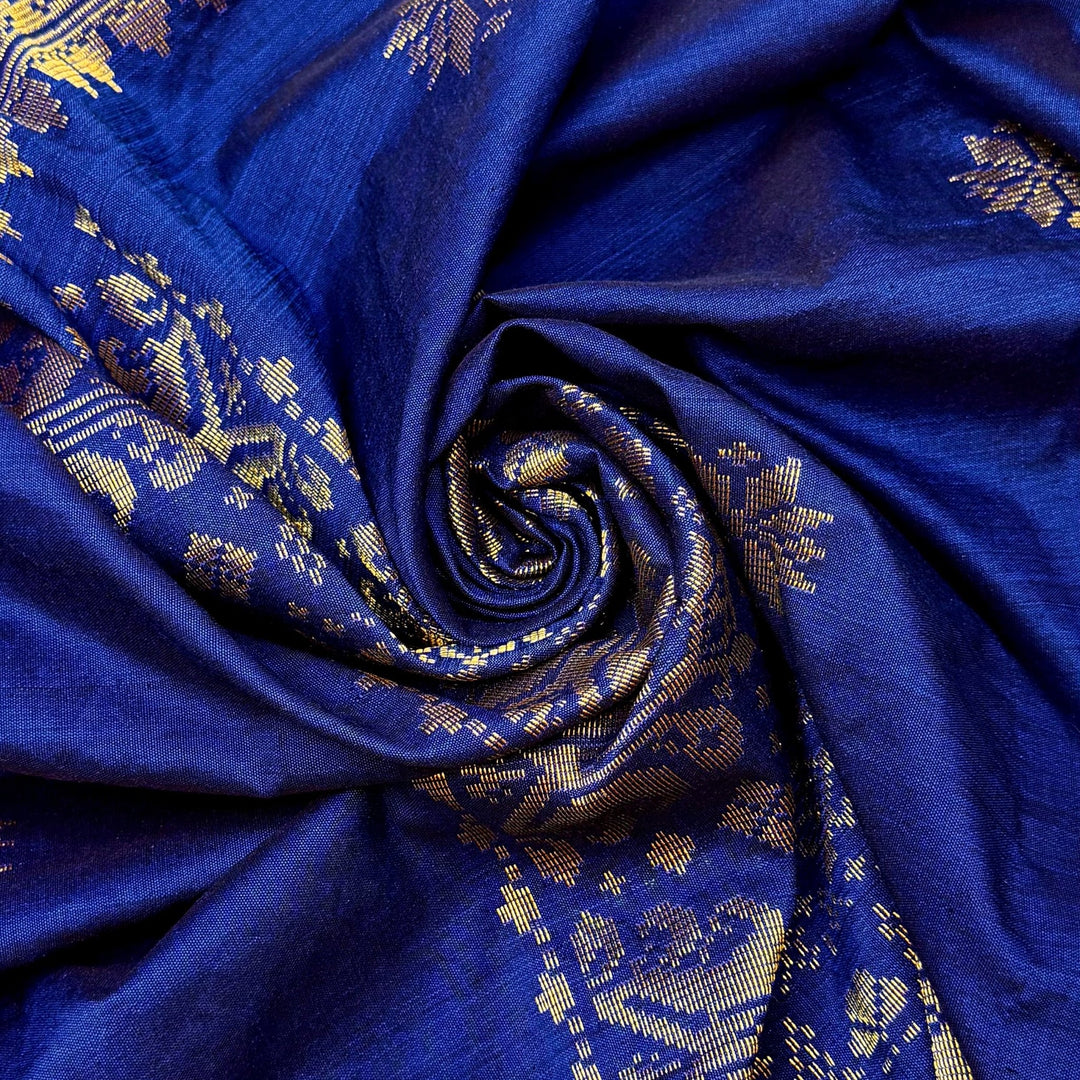 Cobalt - Metallic Polyester Blend Woven - Dark Blue/Gold Snowflake Woven Border - 1.75M Bundle - True Deadstock fabric Fabric by private - Sustainable Textile | FABCYCLE