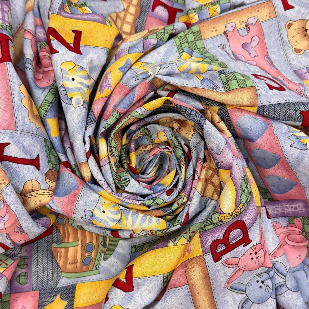 Concert At The Zoo - Cotton Woven - Light Blue Multi Animal Alphabet - 3.8M Bundle - True Deadstock fabric Fabric by private - Sustainable Textile | FABCYCLE