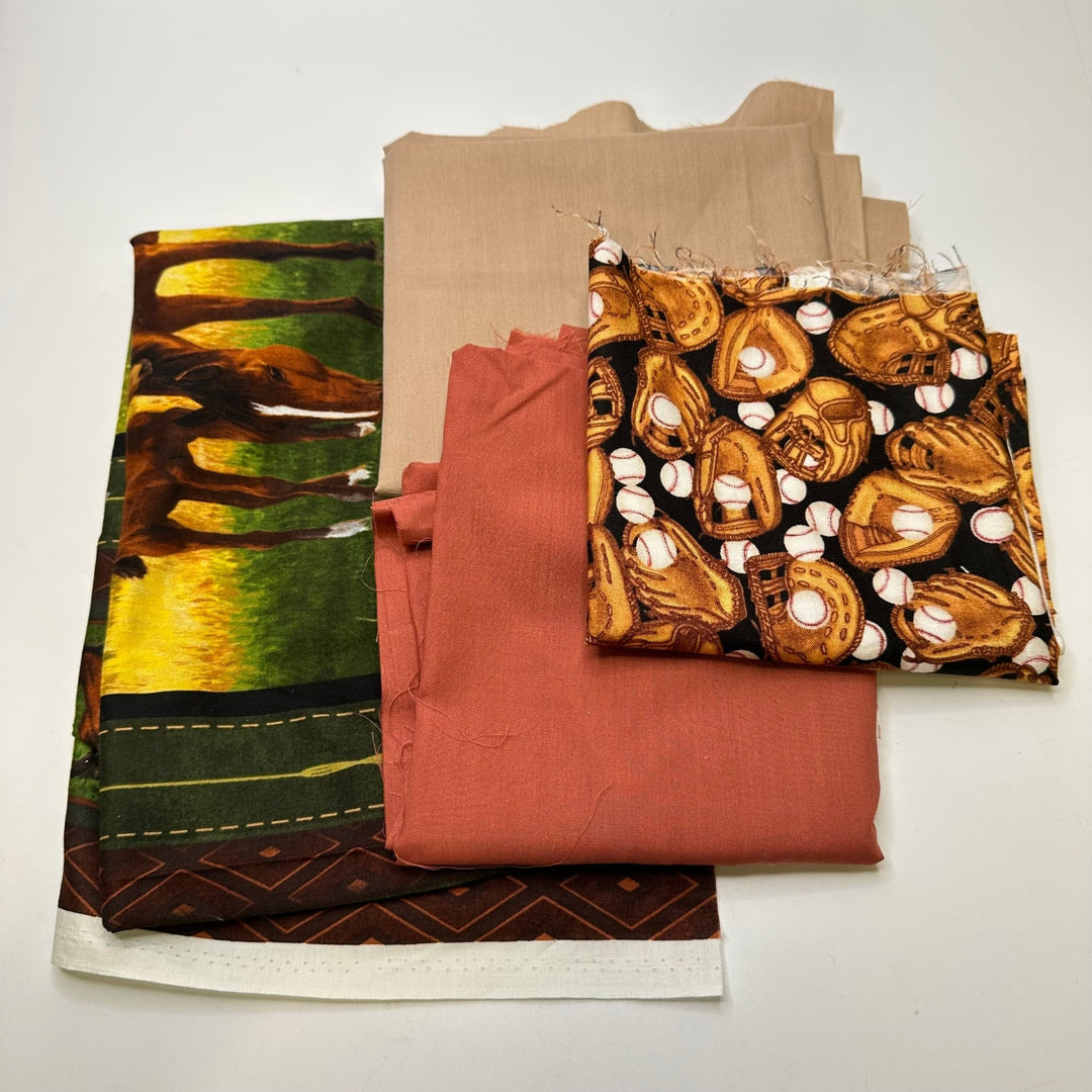 Country Time Quilting Pack - Cotton Blend Woven - Brown Multi Baseball And Horses - 4 Piece Pack - True Deadstock fabric Fabric by private - Sustainable Textile | FABCYCLE