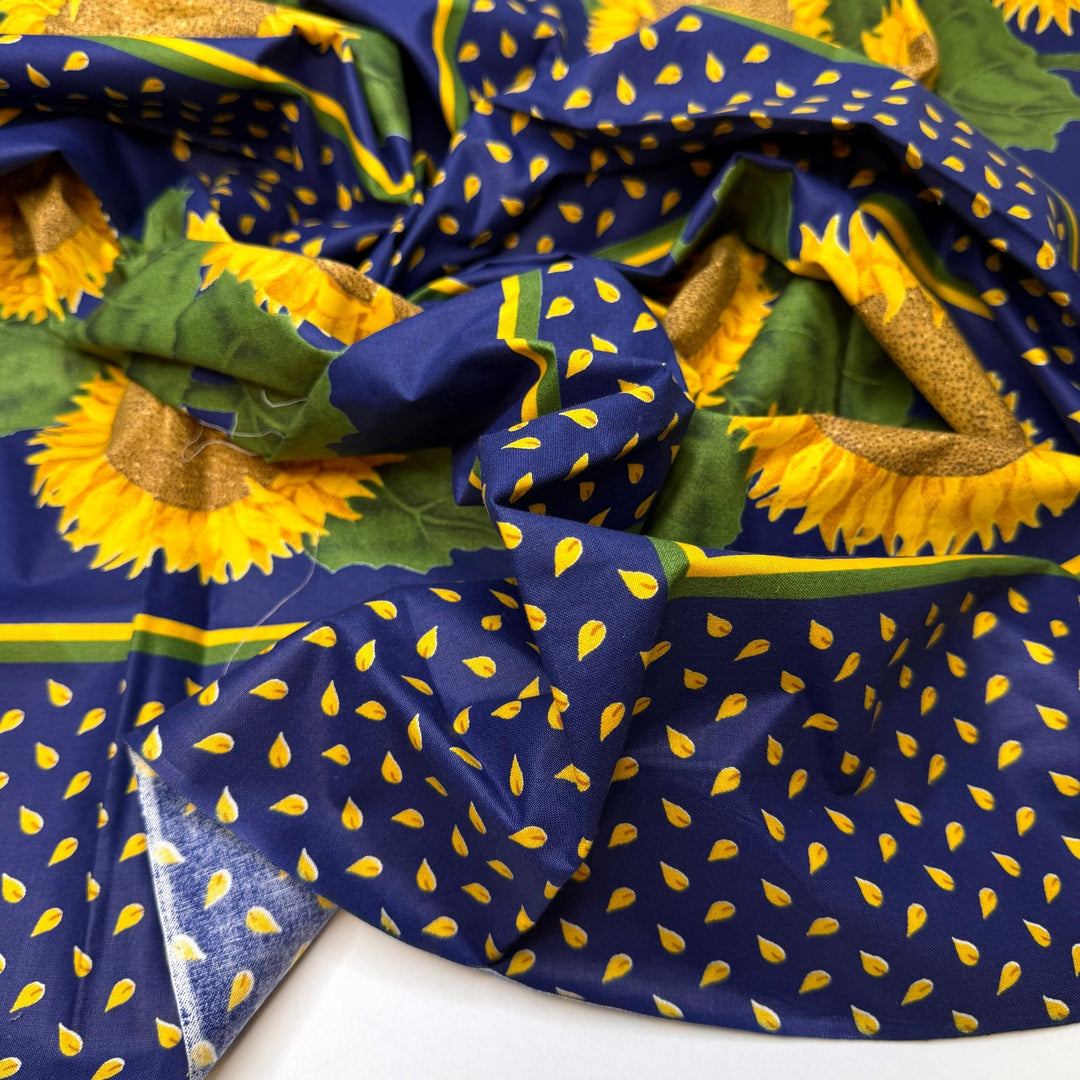 Crack And Crunch - Satin Finish Cotton Woven - Navy Multi Sunflower Motif - 0.9M Bundle - True Deadstock fabric Fabric by private - Sustainable Textile | FABCYCLE