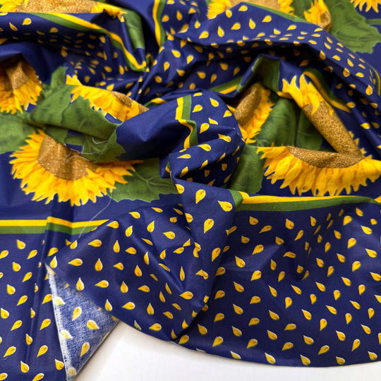 Crack And Crunch - Satin Finish Cotton Woven - Navy Multi Sunflower Motif - 0.9M Bundle - True Deadstock fabric Fabric by private - Sustainable Textile | FABCYCLE