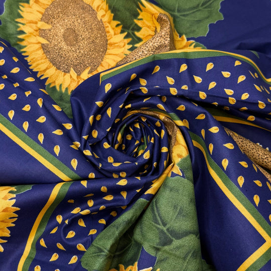 Crack And Crunch - Satin Finish Cotton Woven - Navy Multi Sunflower Motif - 0.9M Bundle - True Deadstock fabric Fabric by private - Sustainable Textile | FABCYCLE