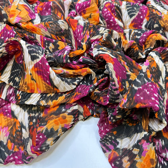 Dance Under The Sun - Pleated Chiffon Poly Woven - Pink/Orange Abstract - 4.5M Bundle - True Deadstock fabric Fabric by private - Sustainable Textile | FABCYCLE