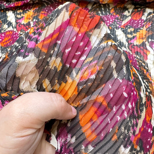 Dance Under The Sun - Pleated Chiffon Poly Woven - Pink/Orange Abstract - 4.5M Bundle - True Deadstock fabric Fabric by private - Sustainable Textile | FABCYCLE