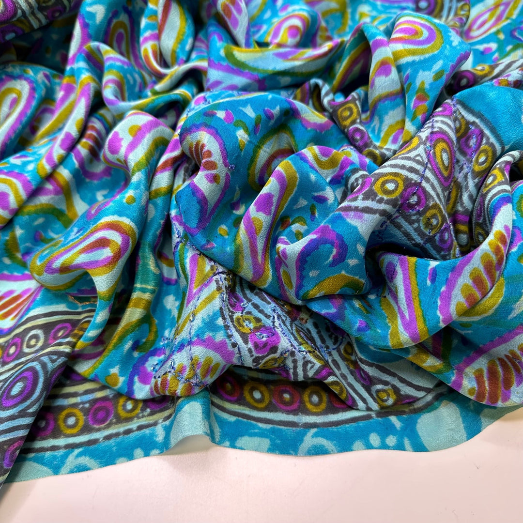 Decorative Pond - Metallic Embroidery Chiffon Silk Woven - Blue/Purple Paisley Border - 2M Bundle - True Deadstock fabric Fabric by private - Sustainable Textile | FABCYCLE