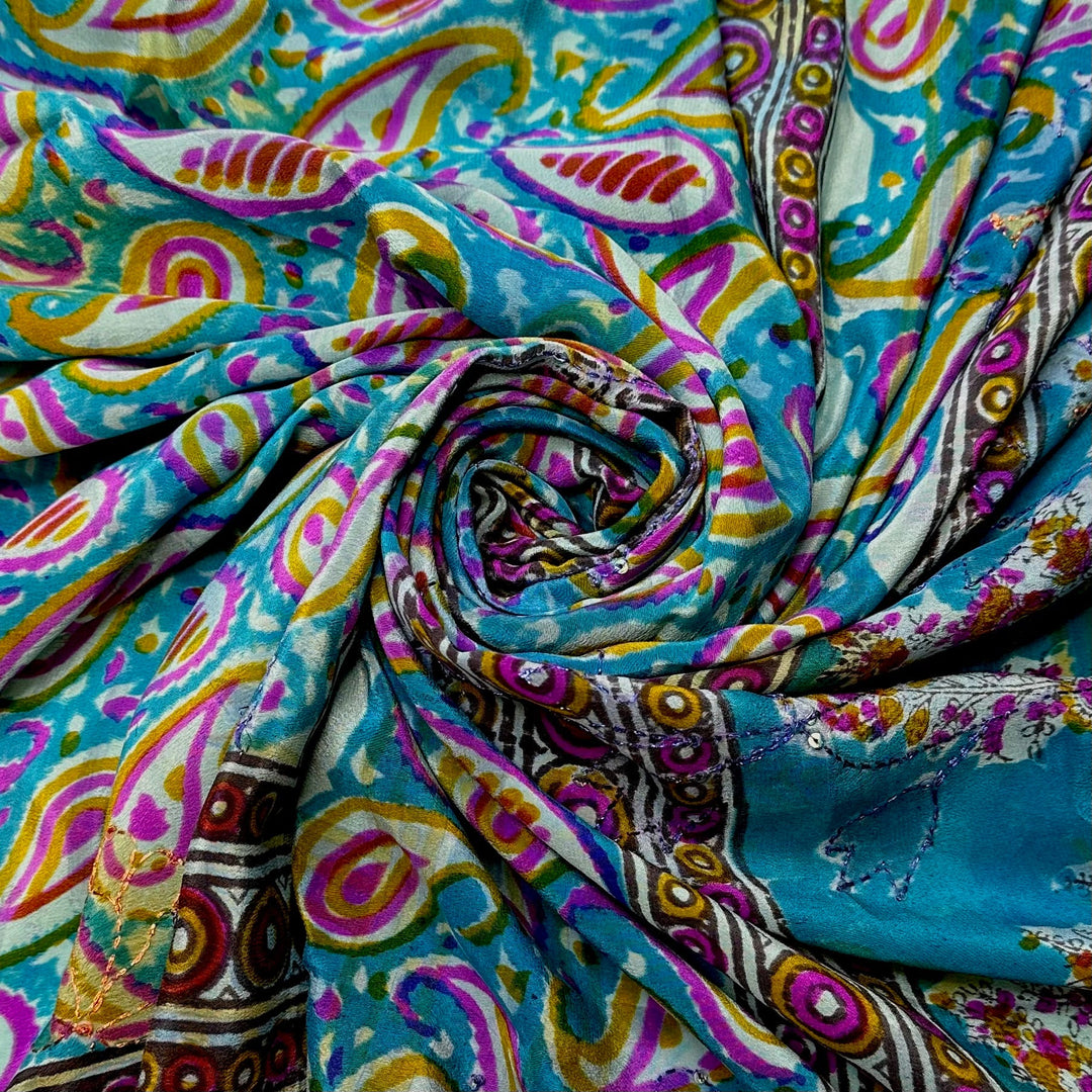 Decorative Pond - Metallic Embroidery Chiffon Silk Woven - Blue/Purple Paisley Border - 2M Bundle - True Deadstock fabric Fabric by private - Sustainable Textile | FABCYCLE
