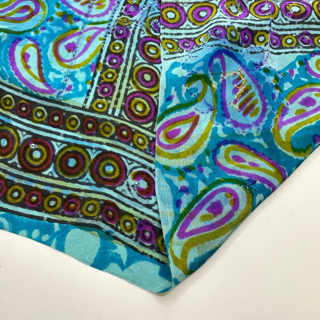Decorative Pond - Metallic Embroidery Chiffon Silk Woven - Blue/Purple Paisley Border - 2M Bundle - True Deadstock fabric Fabric by private - Sustainable Textile | FABCYCLE