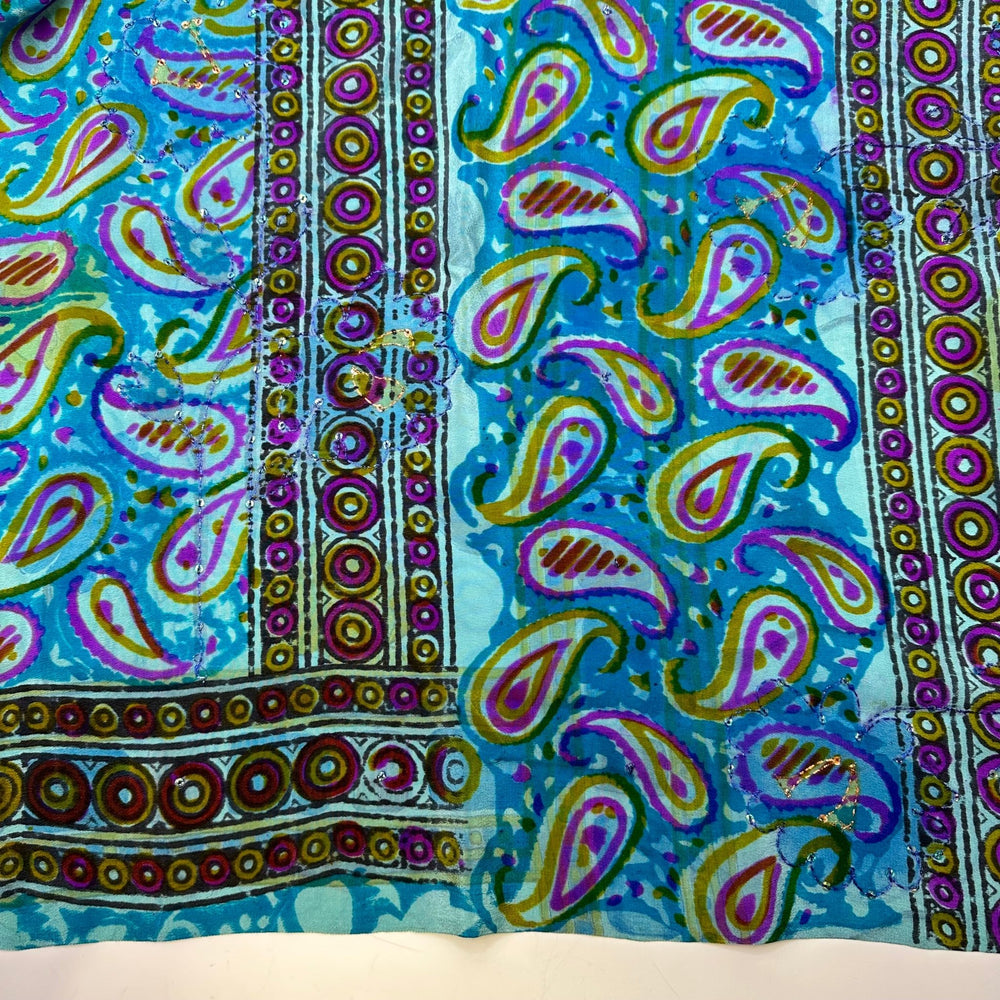 Decorative Pond - Metallic Embroidery Chiffon Silk Woven - Blue/Purple Paisley Border - 2M Bundle - True Deadstock fabric Fabric by private - Sustainable Textile | FABCYCLE