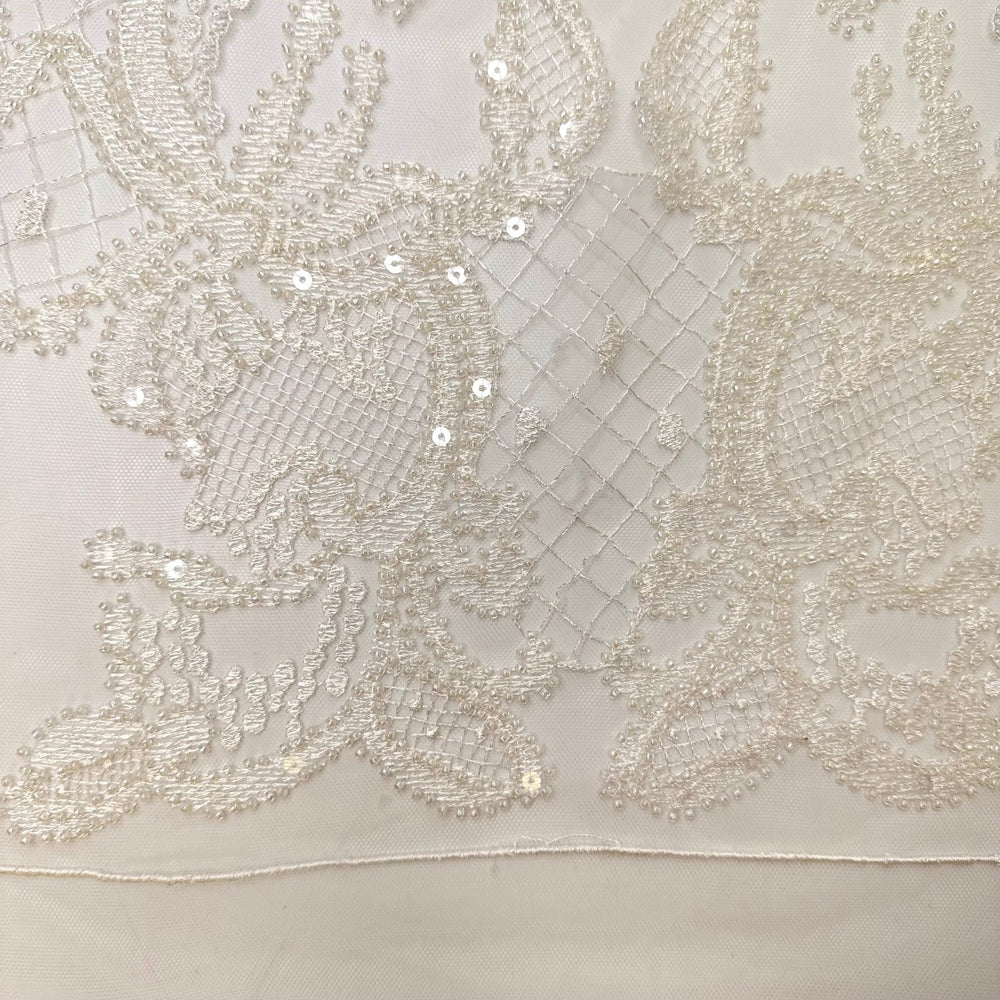 Destination Wedding In Sweden - Beaded Lace Polyester Blend Knit - White Floral - 1M Bundle - True Deadstock fabric Fabric by private - Sustainable Textile | FABCYCLE