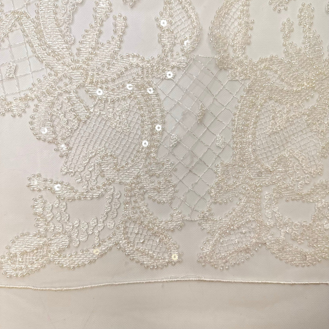 Destination Wedding In Sweden - Beaded Lace Polyester Blend Knit - White Floral - 1M Bundle - True Deadstock fabric Fabric by private - Sustainable Textile | FABCYCLE