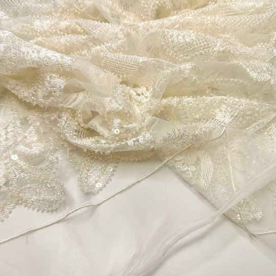 Destination Wedding In Sweden - Beaded Lace Polyester Blend Knit - White Floral - 1M Bundle - True Deadstock fabric Fabric by private - Sustainable Textile | FABCYCLE