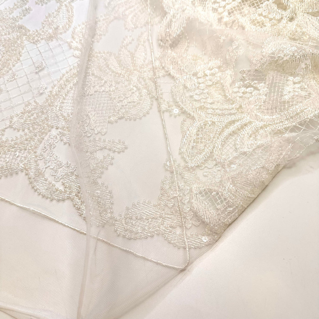 Destination Wedding In Sweden - Beaded Lace Polyester Blend Knit - White Floral - 1M Bundle - True Deadstock fabric Fabric by private - Sustainable Textile | FABCYCLE