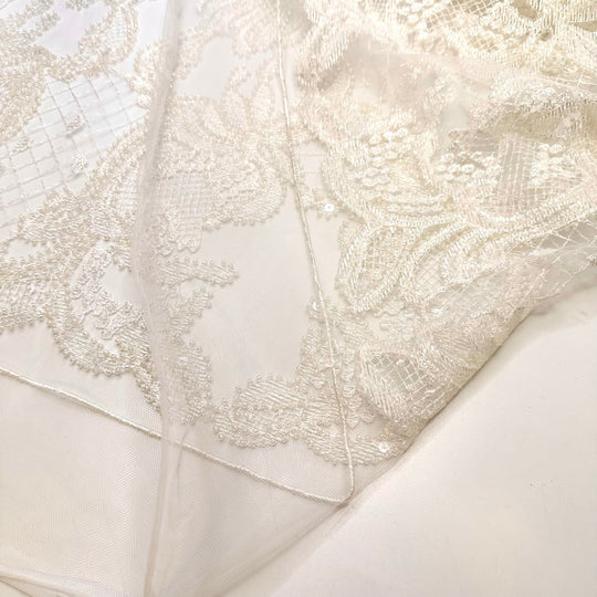 Destination Wedding In Sweden - Beaded Lace Polyester Blend Knit - White Floral - 1M Bundle - True Deadstock fabric Fabric by private - Sustainable Textile | FABCYCLE