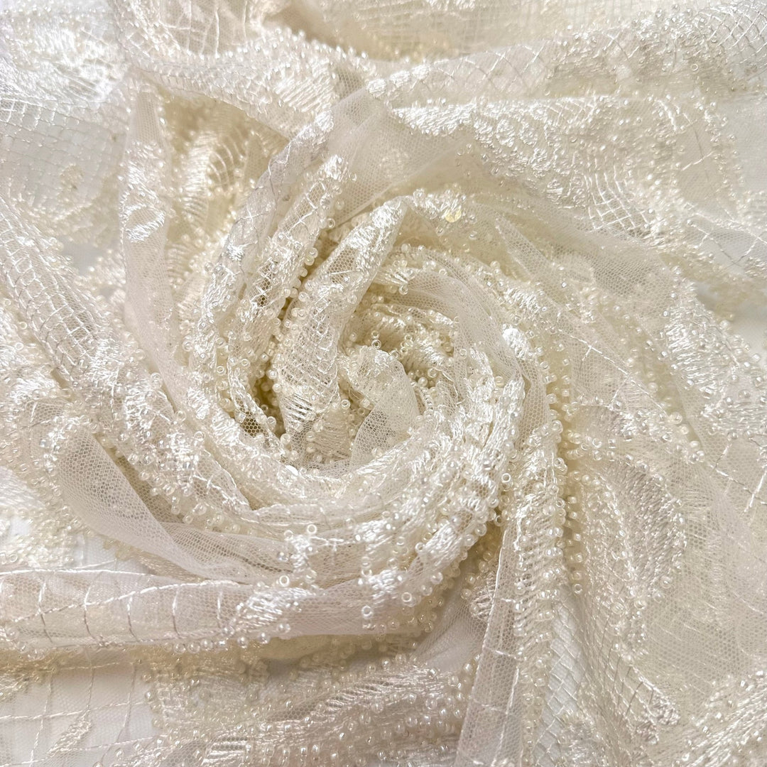 Destination Wedding In Sweden - Beaded Lace Polyester Blend Knit - White Floral - 1M Bundle - True Deadstock fabric Fabric by private - Sustainable Textile | FABCYCLE