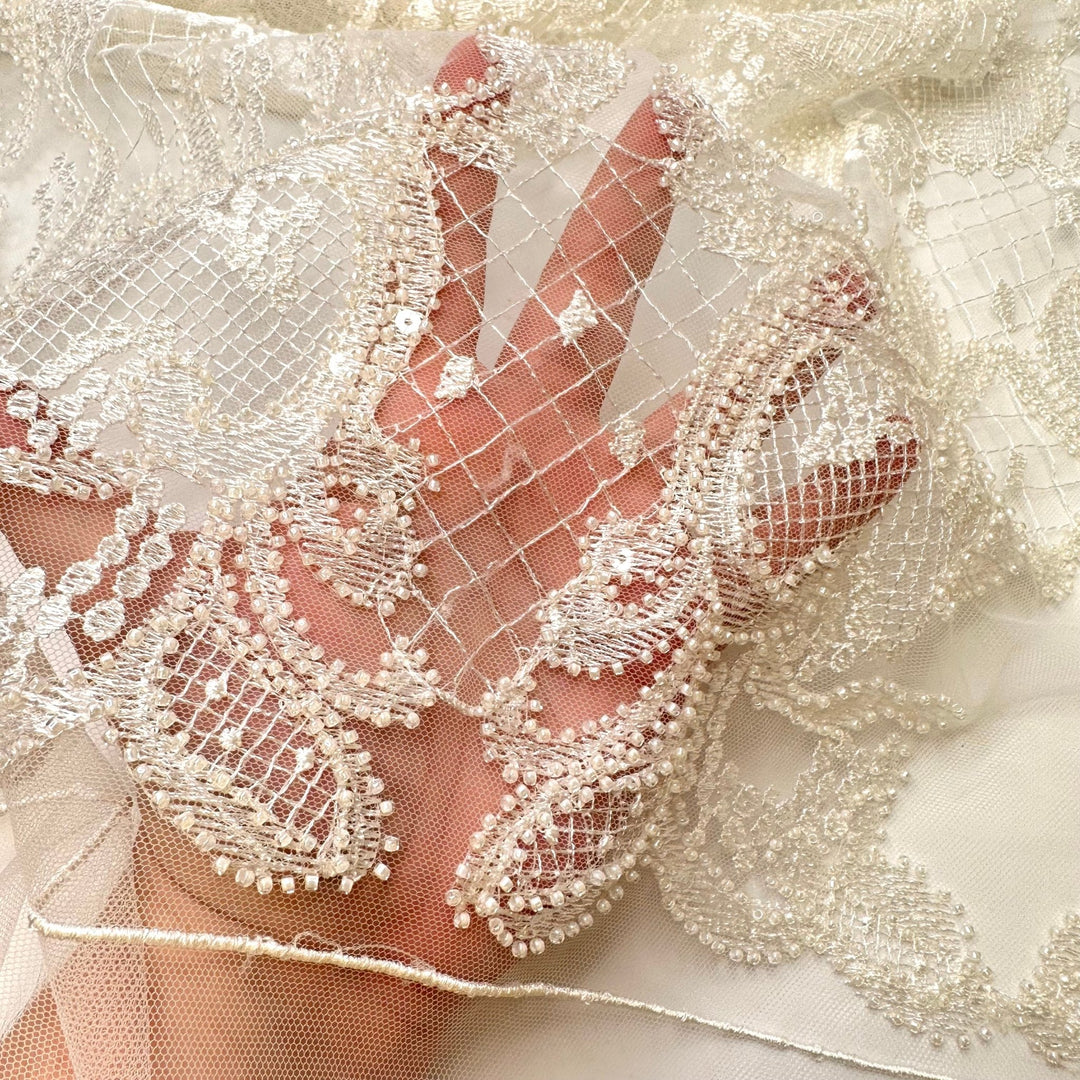 Destination Wedding In Sweden - Beaded Lace Polyester Blend Knit - White Floral - 1M Bundle - True Deadstock fabric Fabric by private - Sustainable Textile | FABCYCLE