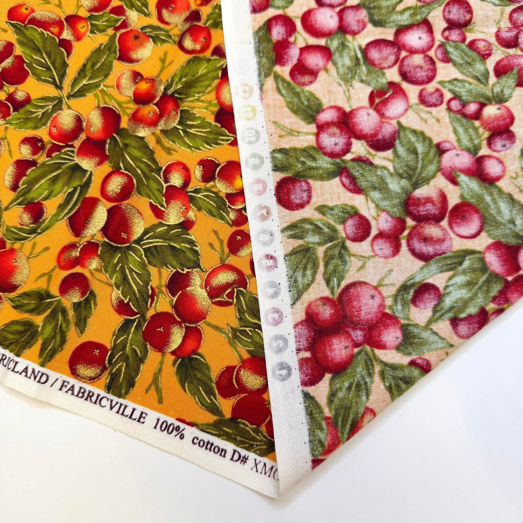 Drink Cranberry Juice - Cotton Woven - Gold Red Green Cranberries - Bundles - True Deadstock fabric Fabric by private - Sustainable Textile | FABCYCLE