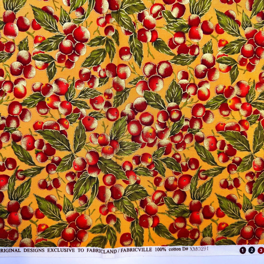 Drink Cranberry Juice - Cotton Woven - Gold Red Green Cranberries - Bundles - True Deadstock fabric Fabric by private - Sustainable Textile | FABCYCLE