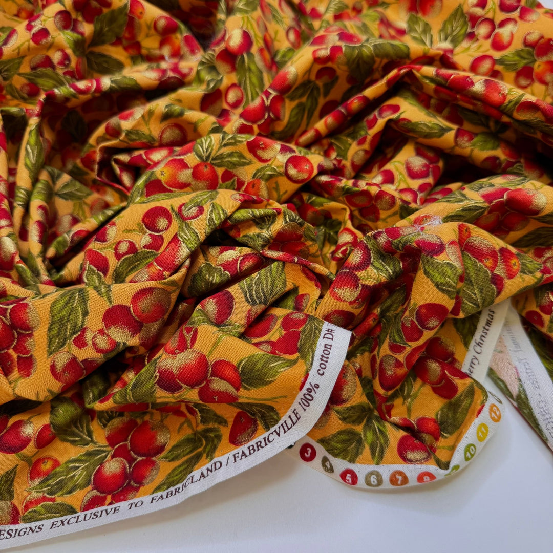 Drink Cranberry Juice - Cotton Woven - Gold Red Green Cranberries - Bundles - True Deadstock fabric Fabric by private - Sustainable Textile | FABCYCLE