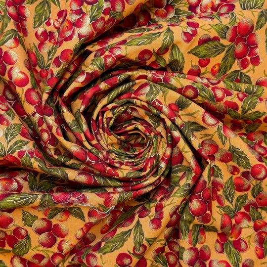Drink Cranberry Juice - Cotton Woven - Gold Red Green Cranberries - Bundles - True Deadstock fabric Fabric by private - Sustainable Textile | FABCYCLE