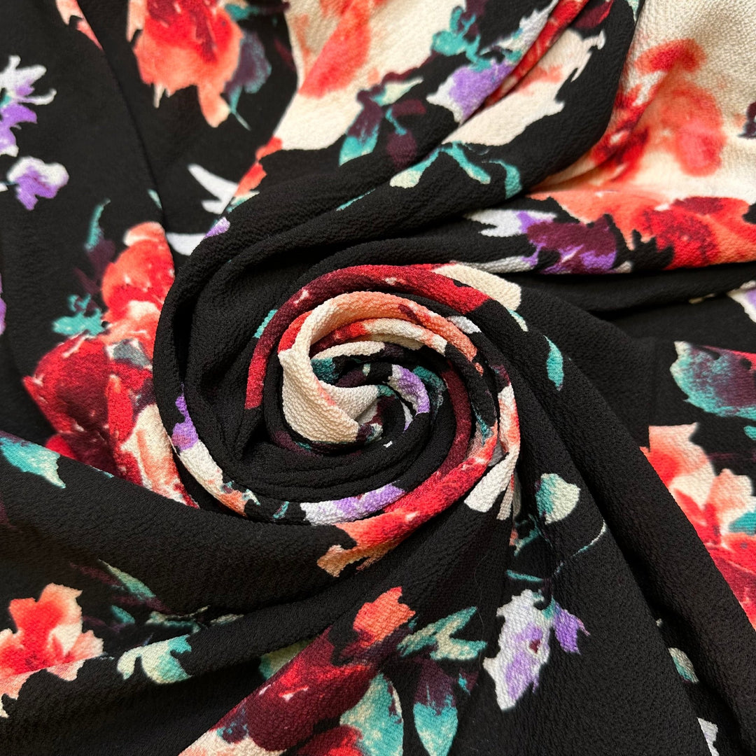 Edible Flowers - Crepe Poly Woven - Black Multi Floral - 2M Bundle - True Deadstock fabric Fabric by private - Sustainable Textile | FABCYCLE