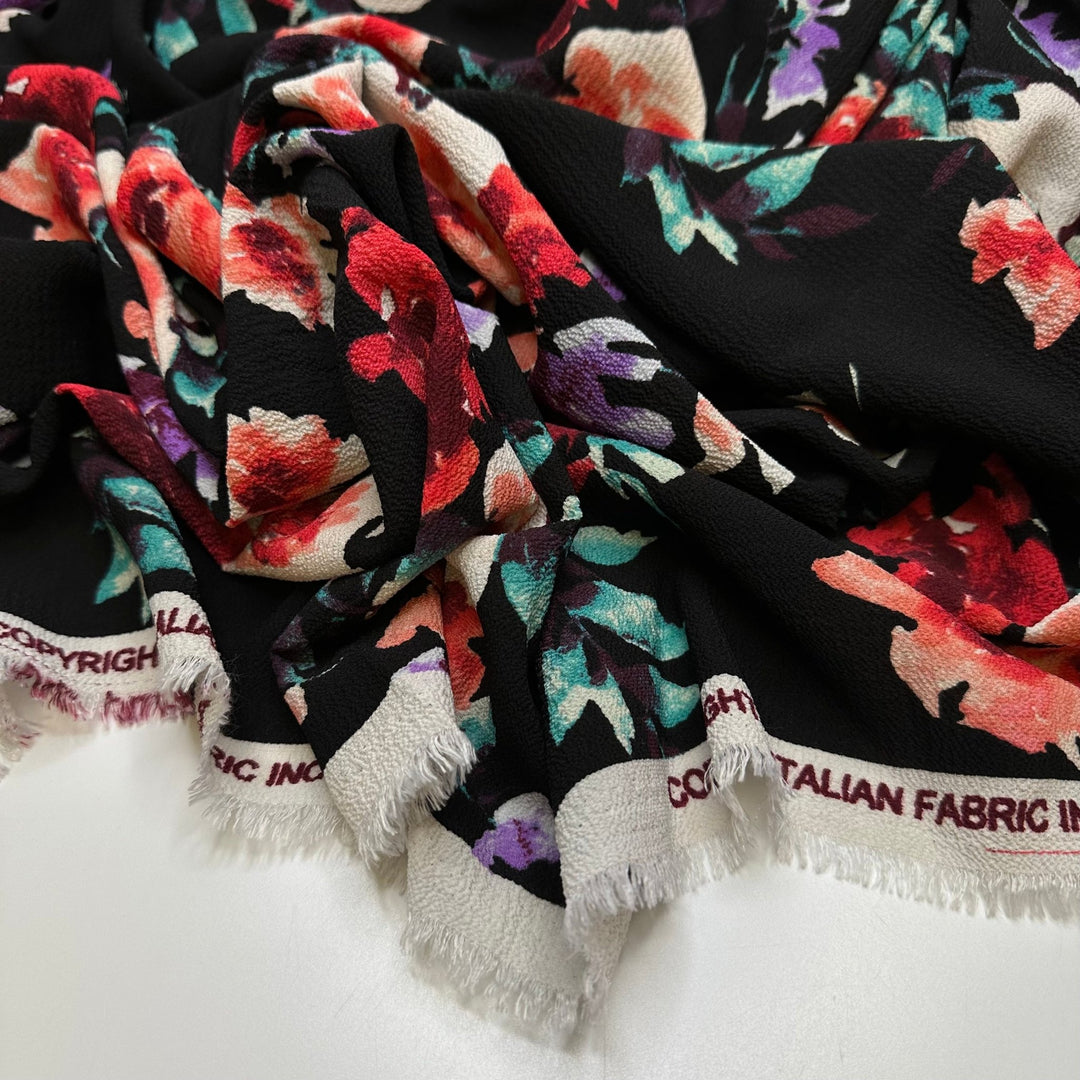 Edible Flowers - Crepe Poly Woven - Black Multi Floral - 2M Bundle - True Deadstock fabric Fabric by private - Sustainable Textile | FABCYCLE
