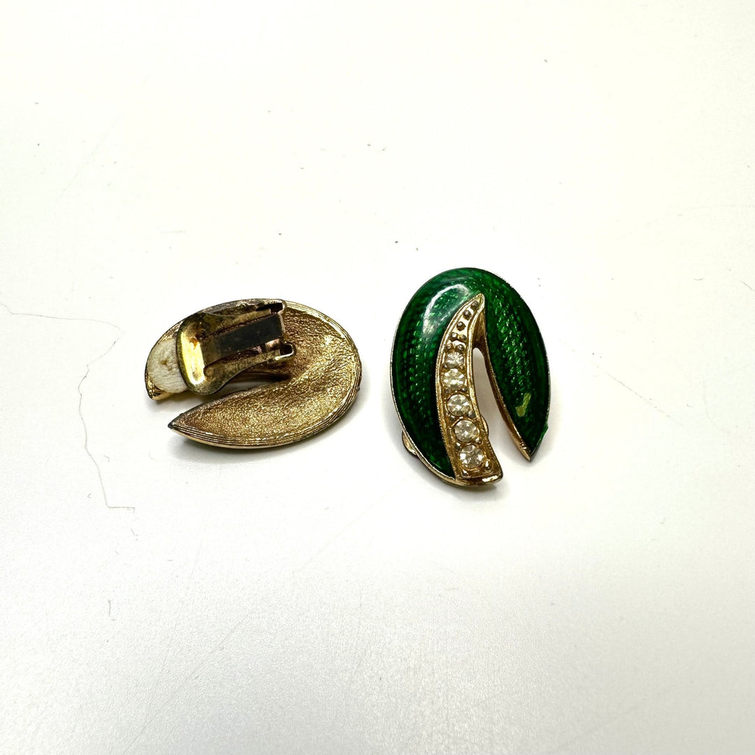 Enamel Clip On Earrings Costume Jewelry - Green/Gold - Individual - True Deadstock supplies Fabric by private - Sustainable Textile | FABCYCLE