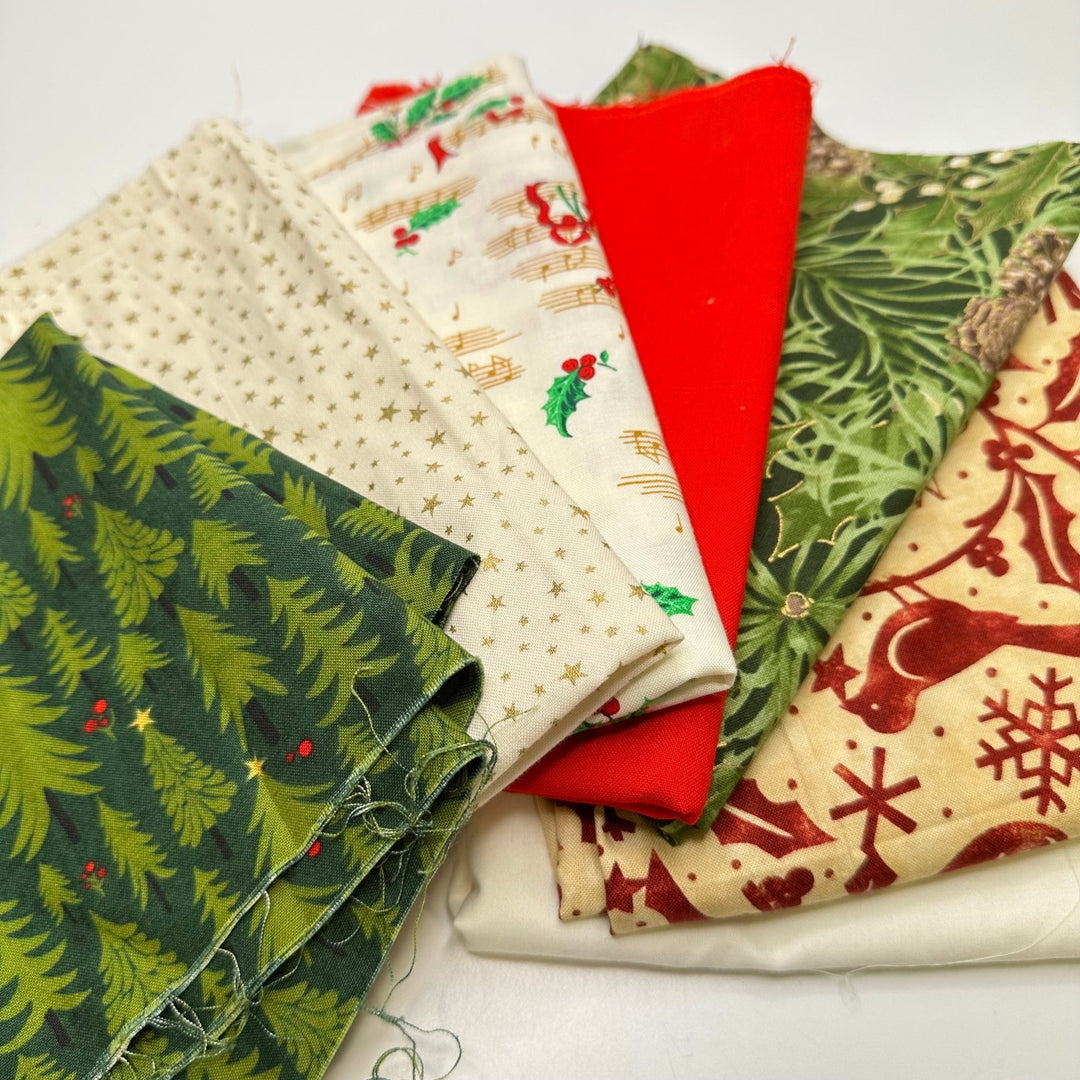 Evergreen Quilting Pack - Cotton Blend Woven - Green/Cream Christmas Prints - 7 piece pack - True Deadstock fabric Fabric by private - Sustainable Textile | FABCYCLE