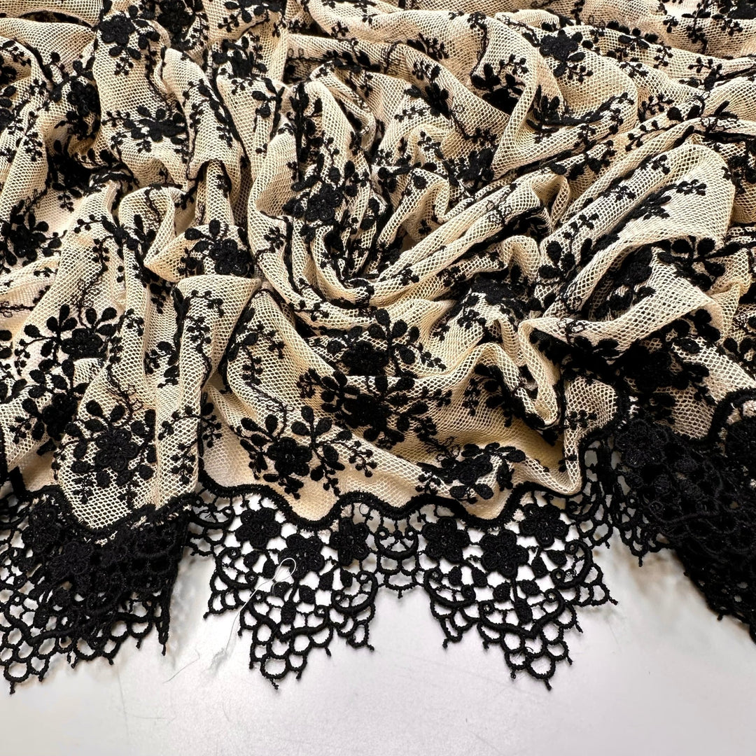 Expanding The Family - Mesh Synthetic Blend Knit - Cream/Black Floral - 1.75M Bundle - True Deadstock fabric Fabric by private - Sustainable Textile | FABCYCLE
