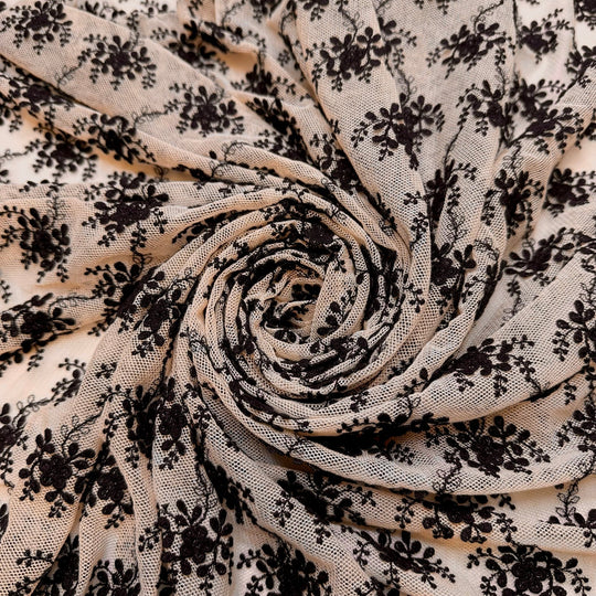 Expanding The Family - Mesh Synthetic Blend Knit - Cream/Black Floral - 1.75M Bundle - True Deadstock fabric Fabric by private - Sustainable Textile | FABCYCLE