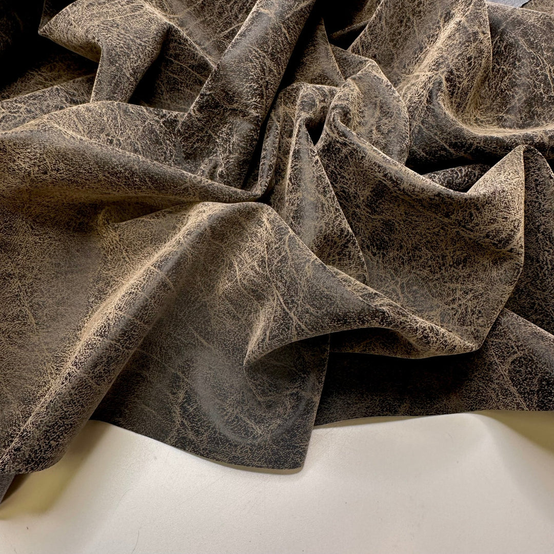 Extinct Animals - Water Resistant Pleather Polyester Backing PU Blend Woven - Brown/Beige Weathered Leather - 0.95M Bundle - True Deadstock fabric Fabric by private - Sustainable Textile | FABCYCLE