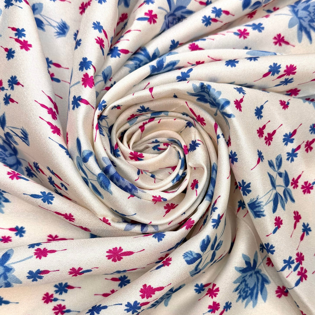 Formal But Fun - Crepe-like Texture Satin Polyester Blend Woven - Cream/Blue Floral - 2M Bundle - True Deadstock fabric Fabric by private - Sustainable Textile | FABCYCLE